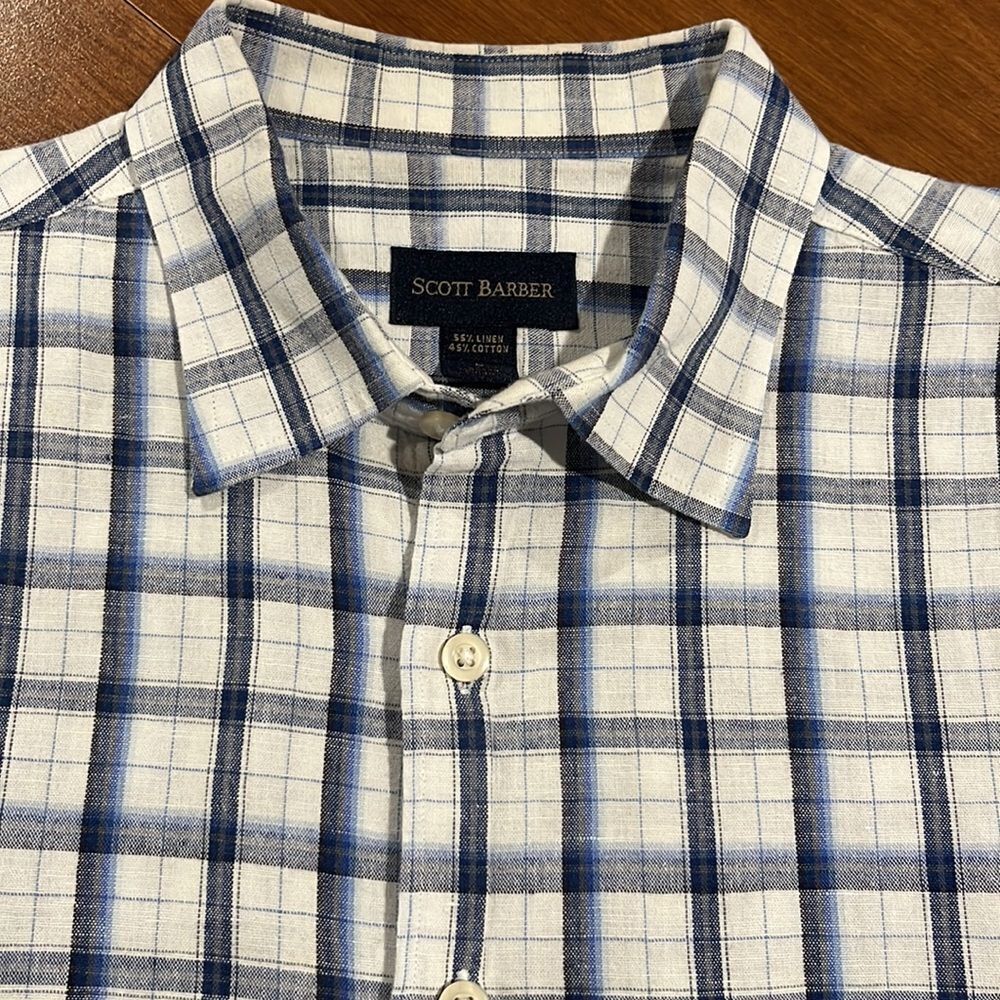 Scott Barber Men’s Linen Blend Short Sleeved Plaid Shirt Size Large.